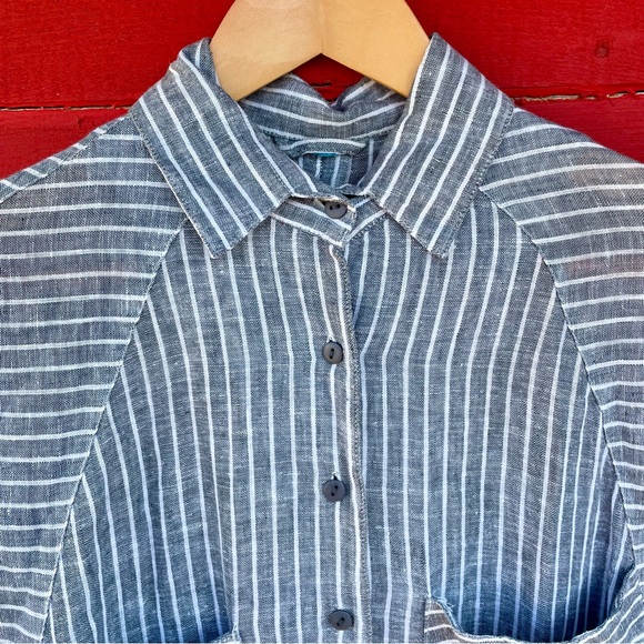 No tag linen/cotton striped button down tie back top - Picture 6 of 14